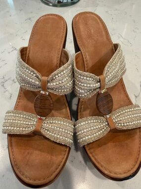 Women's Beige Beaded Slide Sandals